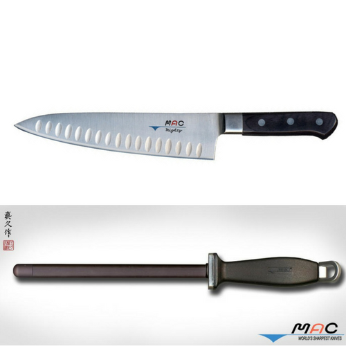 Mac Pro 8" Mighty Chefs Knife and Mac Black 10.5" Ceramic Honing Rod Combo